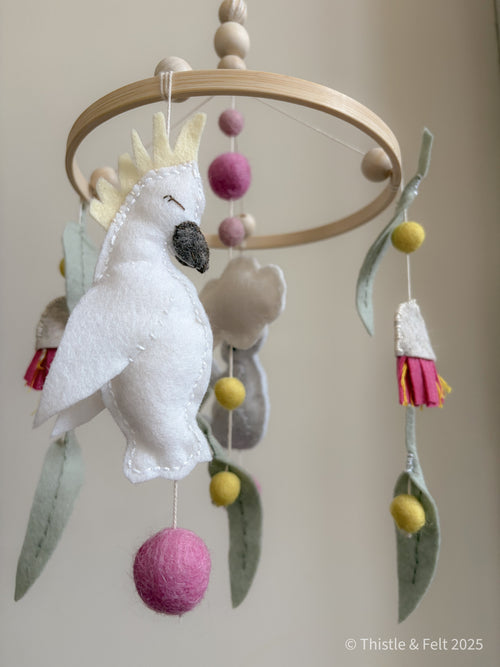 handmade wool felt mobile with a cockatoo and flowers, nursery mobile 100% Australian wool
